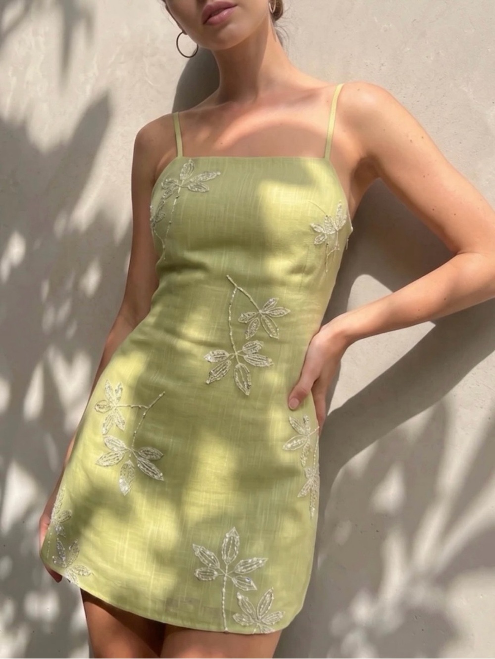 Commense Light Green Floral Embroidered Mini Dress